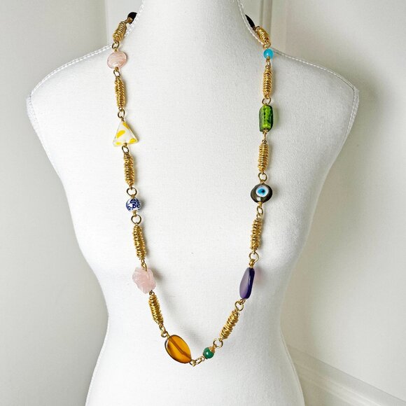 Handcrafted Gold-Toned Bohemian Cocoon Necklace – Multicolored Stones & Beads - Picture 1 of 4